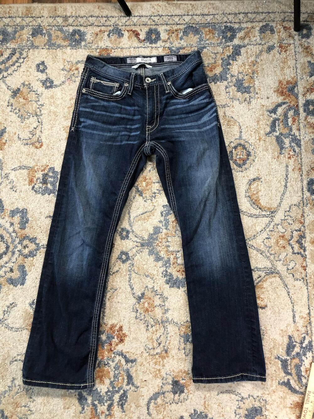 BKE Derek Bootleg Jeans Mens 28x28 Blue Dark Wash Relaxed Bootcut Stretch Denim